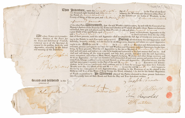 Apprentice indenture of Joseph Evans of Much Wenlock, 1813.