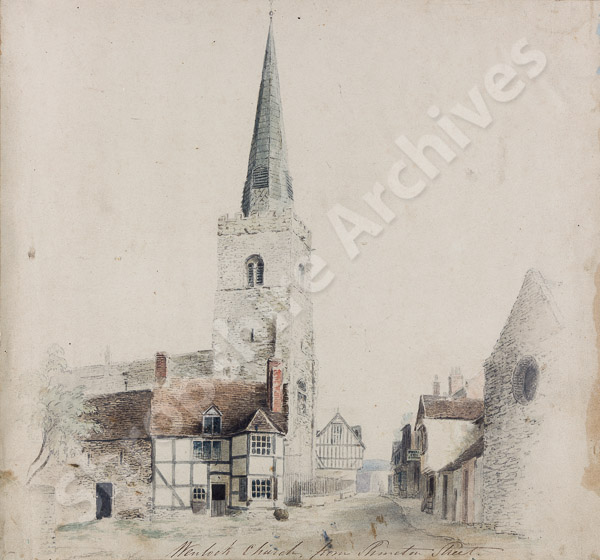 Wenlock Church from Shineton Street (watercolour) - presented by Mr W P Brookes.